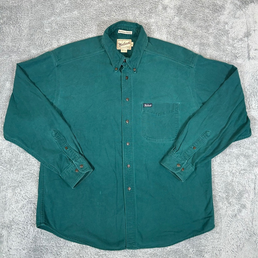 Woolrich Sportsman Chamois Shirt Mens XL Green Cotton Button Down Made in USA